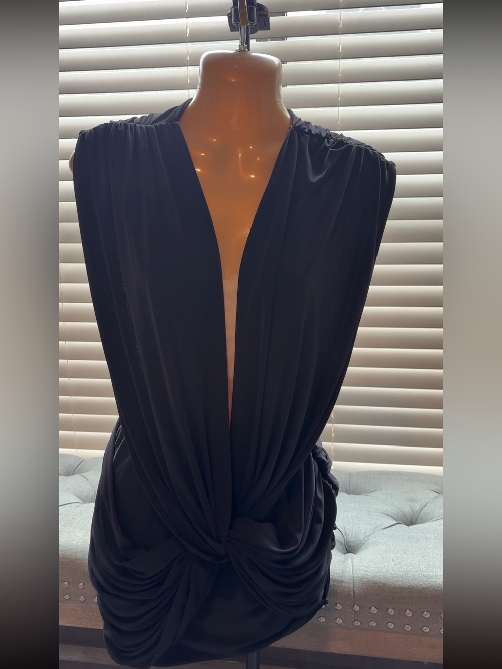 Elegant Deep V Black Draped Knot Dress